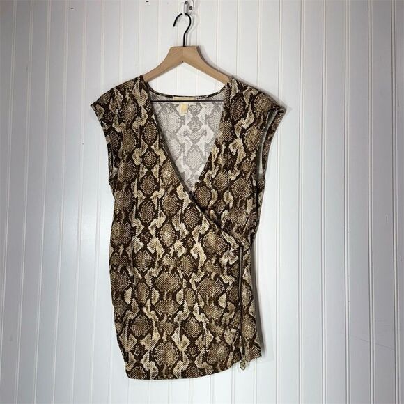 Michael Kors L Snake Print Wrap Top Brown Beige Faux Wrap Blouse Gold Zip Detail - Picture 1 of 10